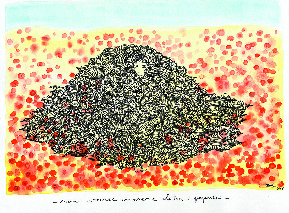 Noel Gazzano (2014) Non Vorrei Rimanere Sola tra i Papaveri (2014). China ed acquerello su carta, 25x35 cm