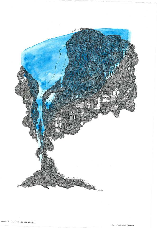 Noel Gazzano (2015) IMieiCastelliPerAriaHannoRadiciDiFantasiaIntelligente. Ink and watercolor on paper, 70x50 cm