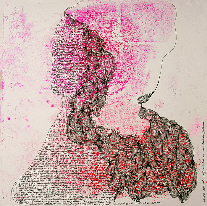 Noel Gazzano (2015) IoSottoscrittaNoelGazzanoNonSoCosaAccadrà. Mixed media on paper, 30x30cm
